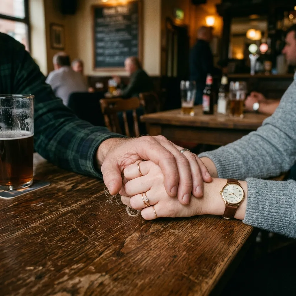 A candid close-up photograph of two sets of hands resting on a wooden table in a pub. One set, a man’s, is casually draped over the other, a woman’s, which has a tense posture. The woman’s fingers are curled, showing subtle discomfort. Her watch and a few minimalist rings are visible.