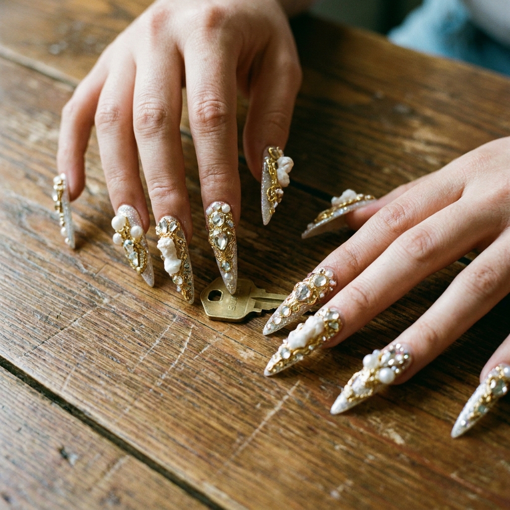 A close-up shot of hands with long, elaborate, jewel-encrusted stiletto nails struggling to pick up a small object, like a house key or a contact lens case, on a wooden table.