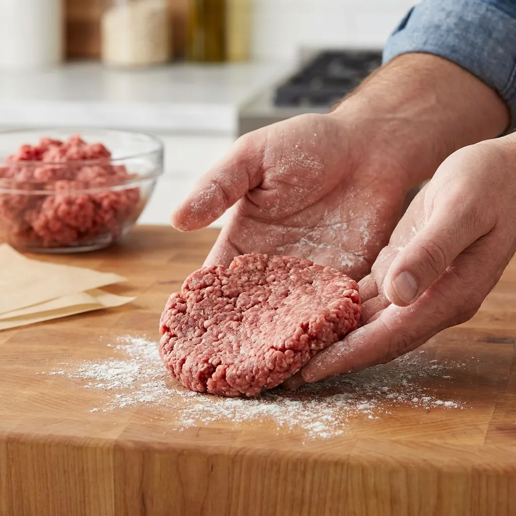 Hands gently shaping an 80/20 ground chuck beef patty to avoid overworking the meat, a key step in preventing the biggest burger grilling mistakes