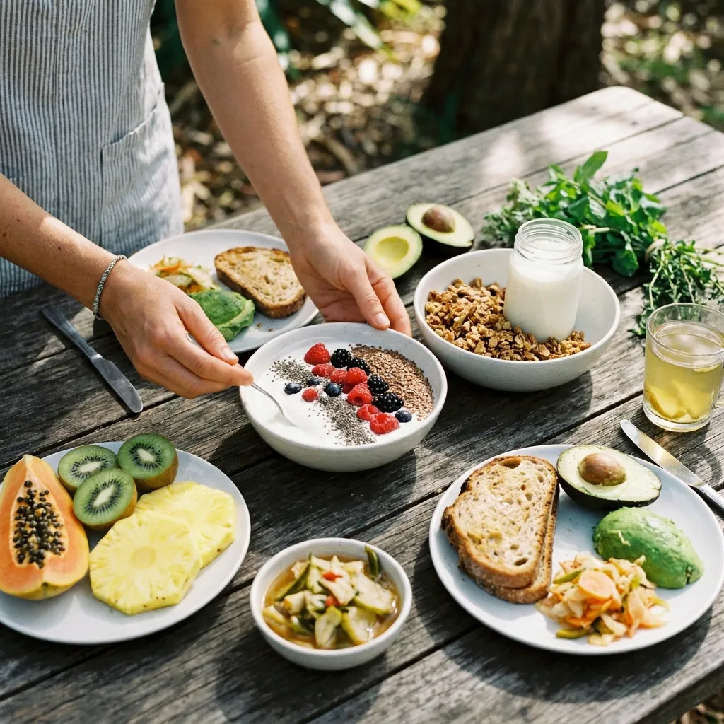 A lifestyle shot of a healthy, vibrant breakfast spread with fresh fruits, yogurt, and grains, emphasizing digestive wellness.