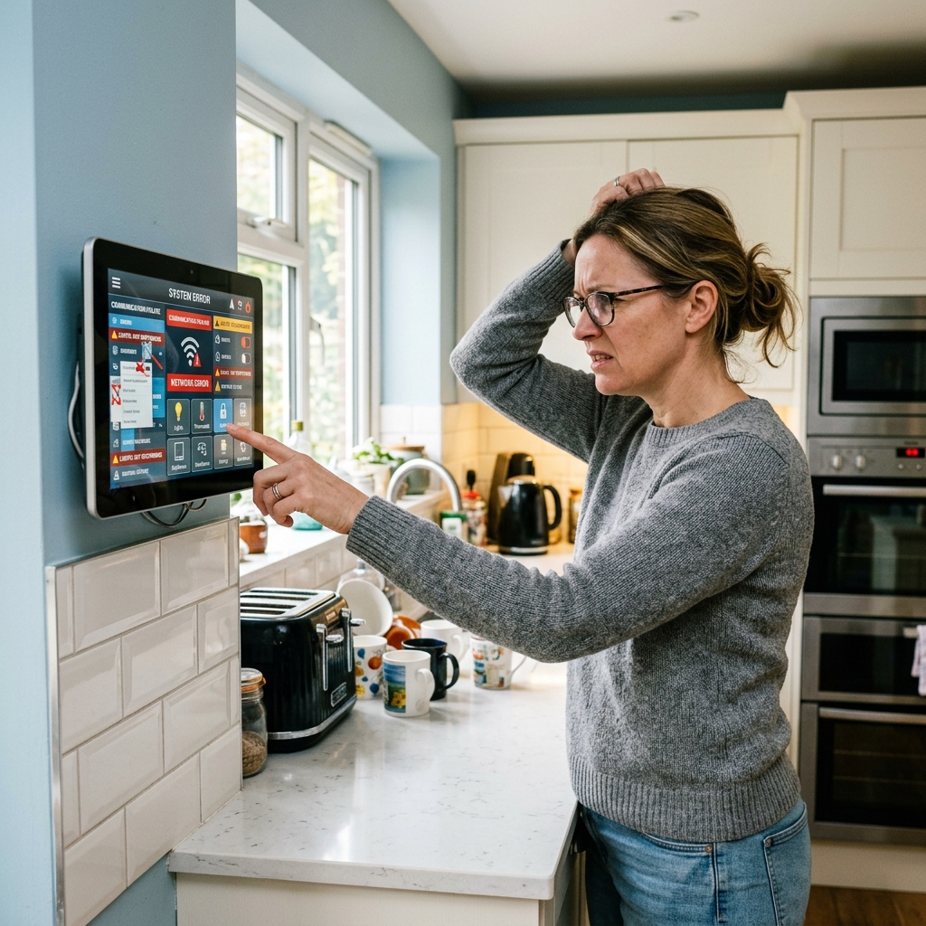 Frustrated homeowner trying to use a complicated and glitchy smart home control panel on a kitchen wall