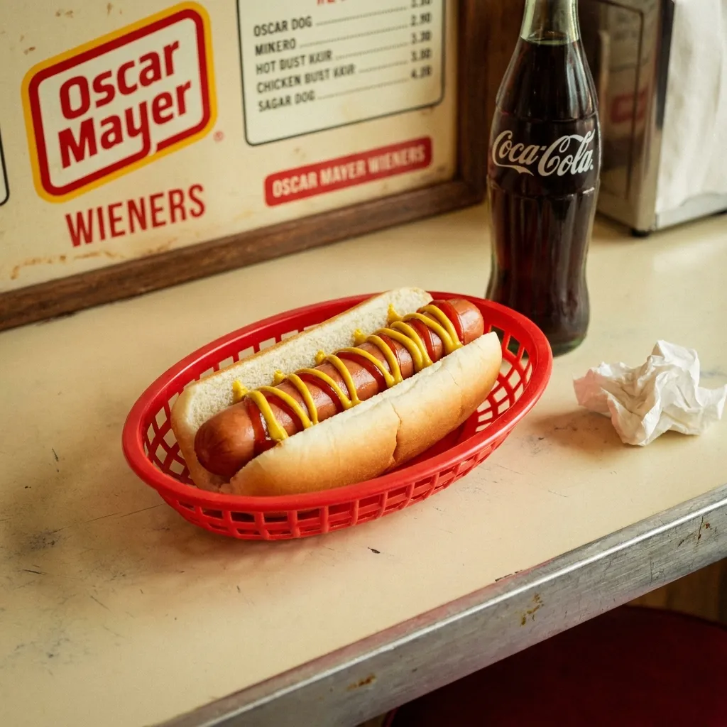 A classic Oscar Mayer hot dog with yellow mustard and ketchup on a soft white bun, perfect for kids.