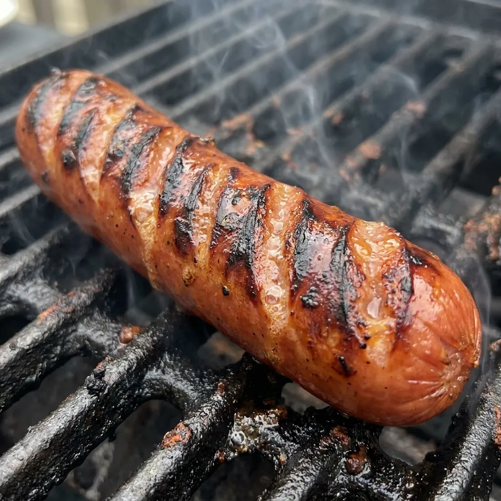 Nathan's Famous beef frankfurter on a hot grill, representing the number one pick in our best hot dog brands ranked list.