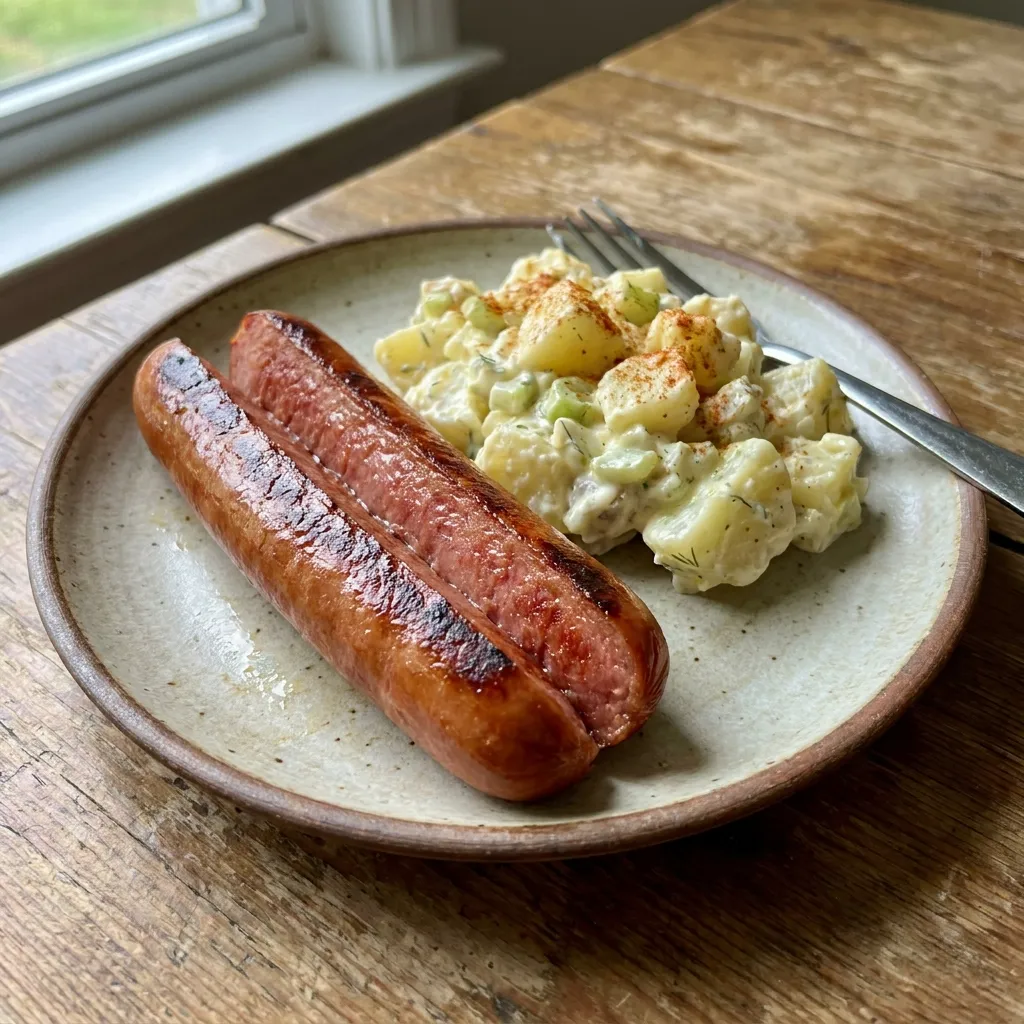A pan-fried Hebrew National premium kosher beef hot dog on a white plate with a potato salad side.