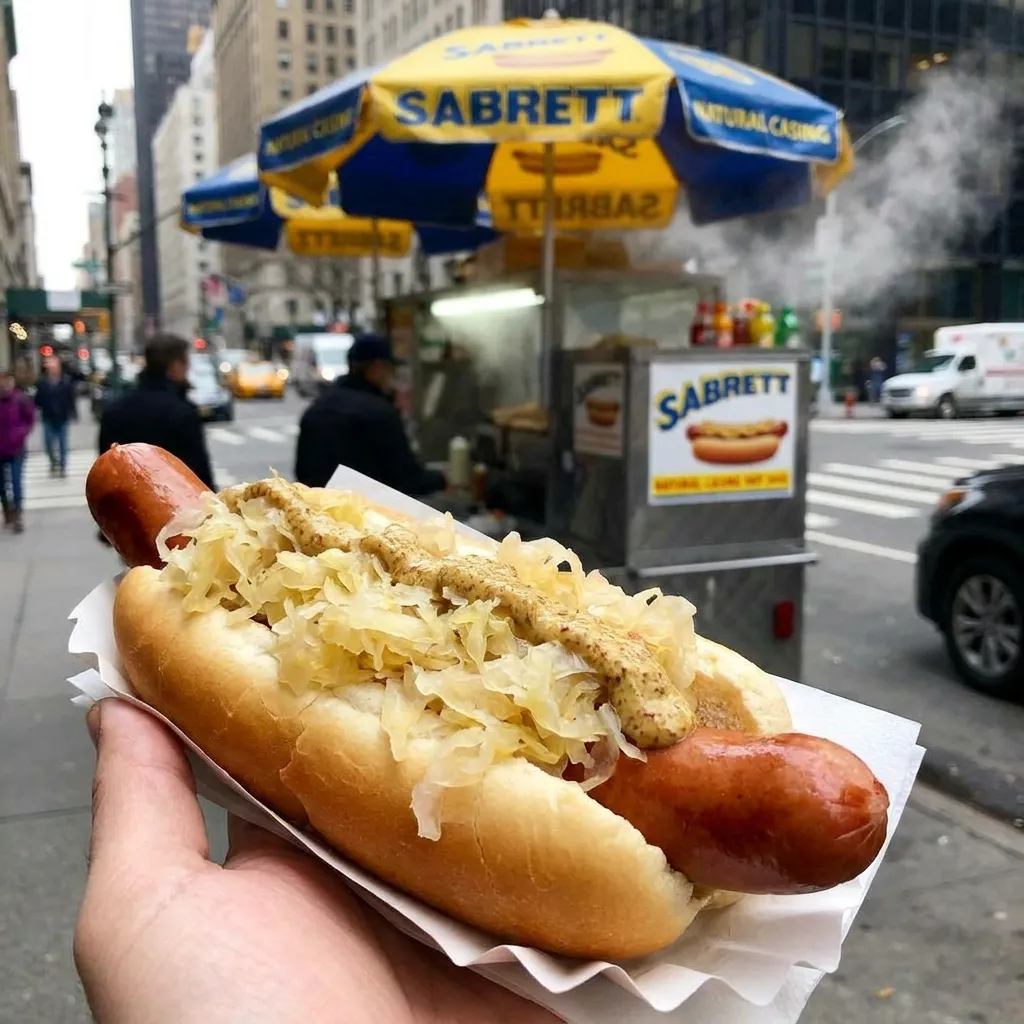 A Sabrett natural casing hot dog topped with classic New York style sauerkraut and brown mustard.