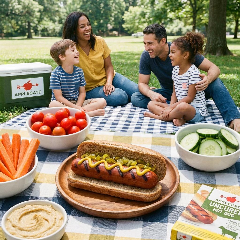 Organic uncured Applegate Farms beef hot dog on a whole wheat bun, representing a healthy, clean-eating BBQ option.