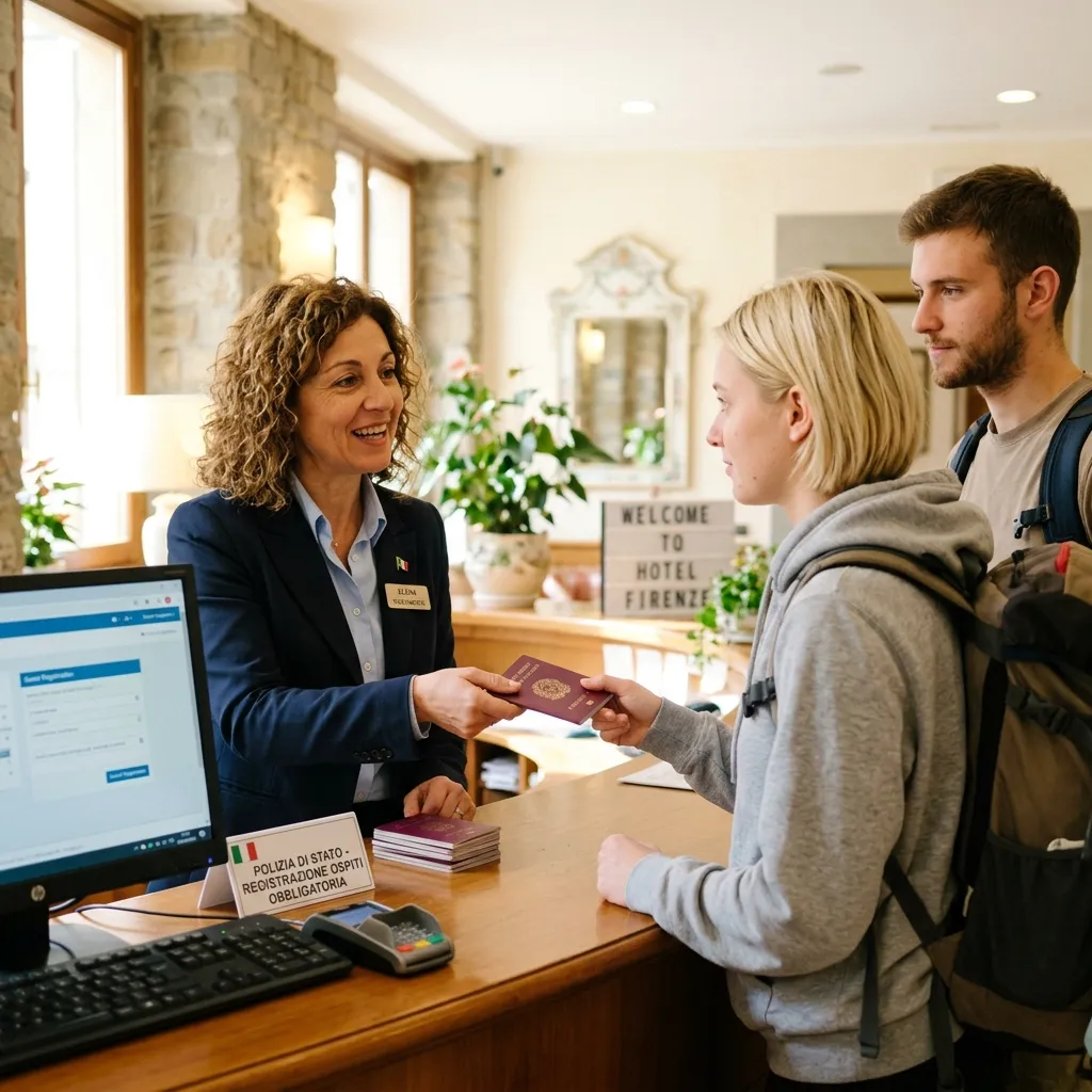 A friendly Italian hotel receptionist taking a passport during the mandatory check-in registration process.