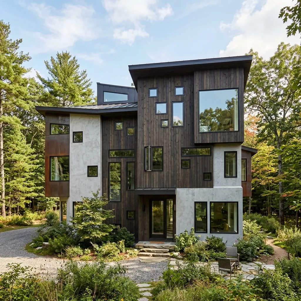 The exterior of a house featuring randomly scattered windows of different sizes with no symmetry