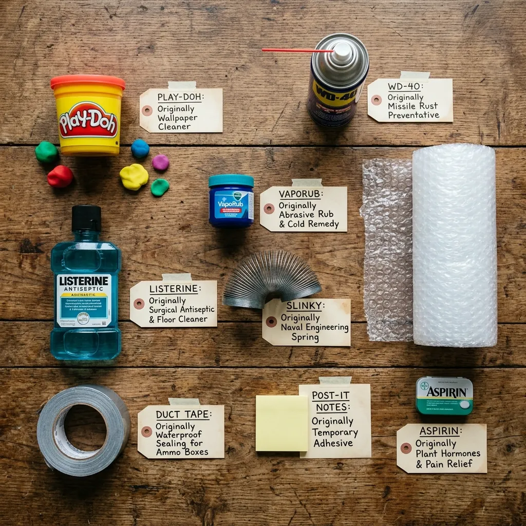 A flat lay of common household objects like Play-Doh, Listerine, and a roll of bubble wrap on a wooden table, hinting at the surprising original uses for everyday items