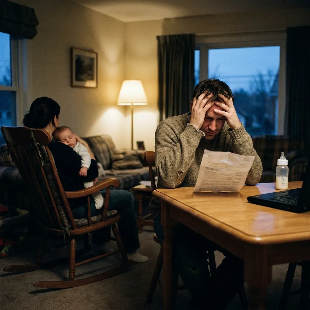 A dramatic photograph capturing the moment a husband discovers a distressing fact, symbolizing the ultimate betrayal of paternity fraud in a marriage with a newborn.