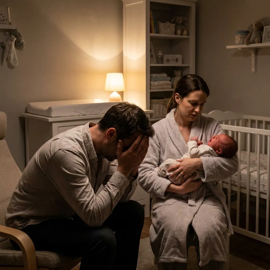 A stressed husband looking down with his hands on his face while his wife holds a crying newborn in a dimly lit nursery.