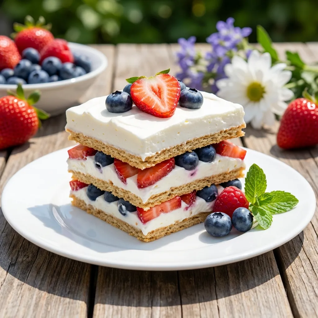 A clean slice of an icebox dessert on a white dessert plate. The cake features distinct layers of softened graham crackers, fluffy vanilla whipped cream, bright red strawberry slices, and juicy blueberries. A beautiful, patriotic, and appetizing summer dessert.