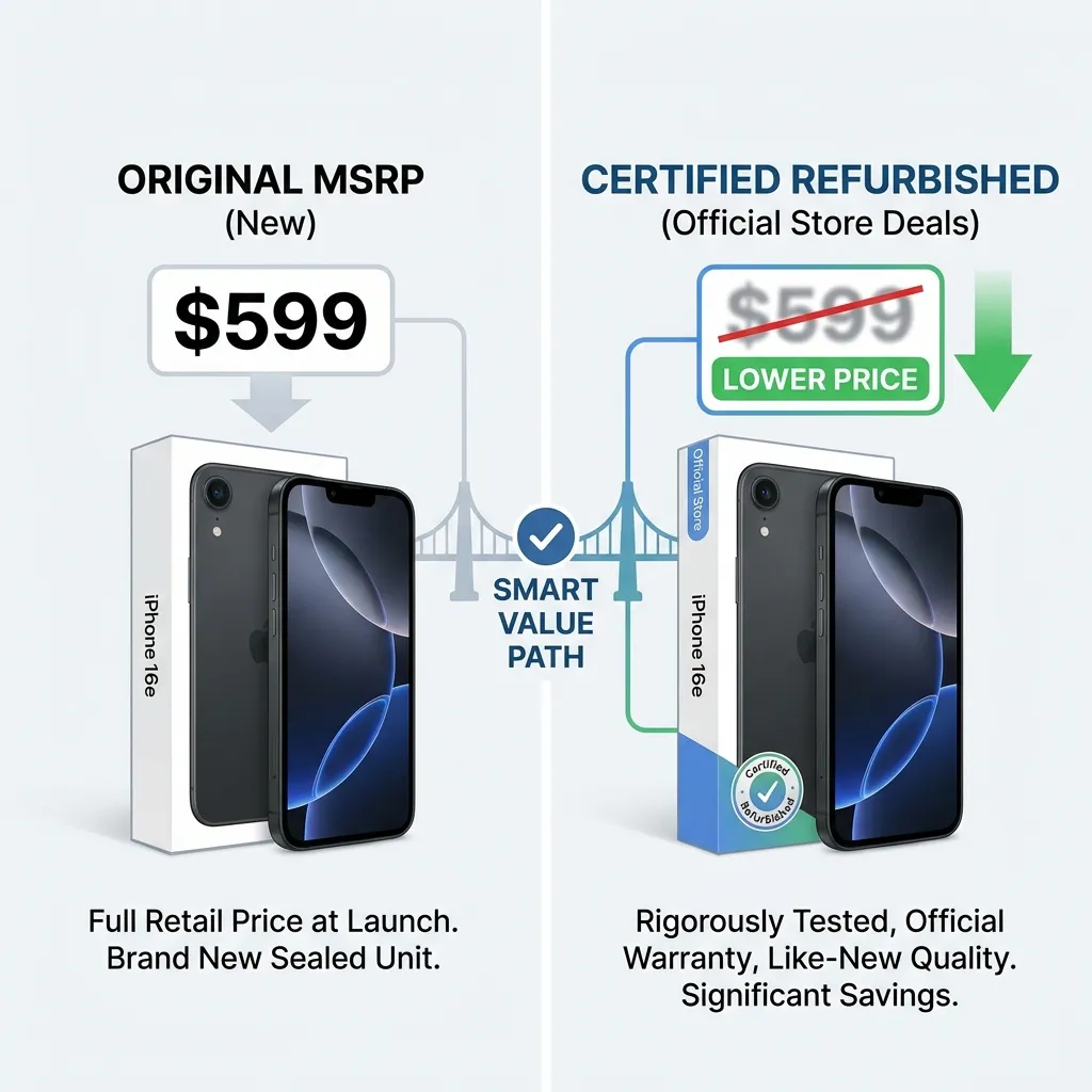 Infographic comparing the original $599 MSRP to the discounted prices available through certified refurbished iPhone 16e deals on the official Apple store.