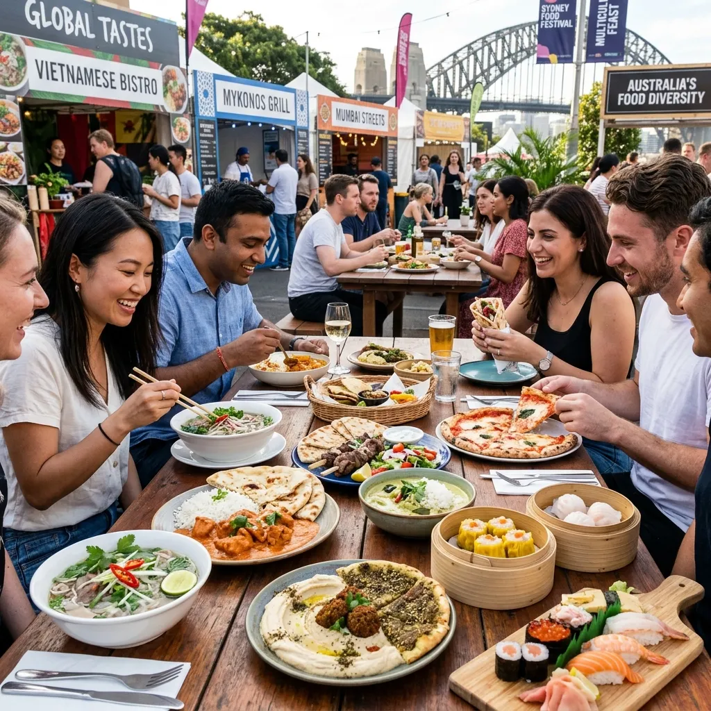 Diverse array of international cuisine highlighting Australia's rich multicultural food landscape.
