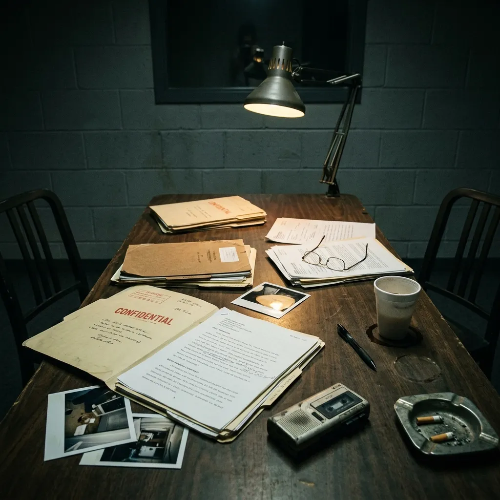 A dimly lit interrogation room table with case files, signifying the hidden truths uncovered in the latest Chris Watts secret mistress revelations]