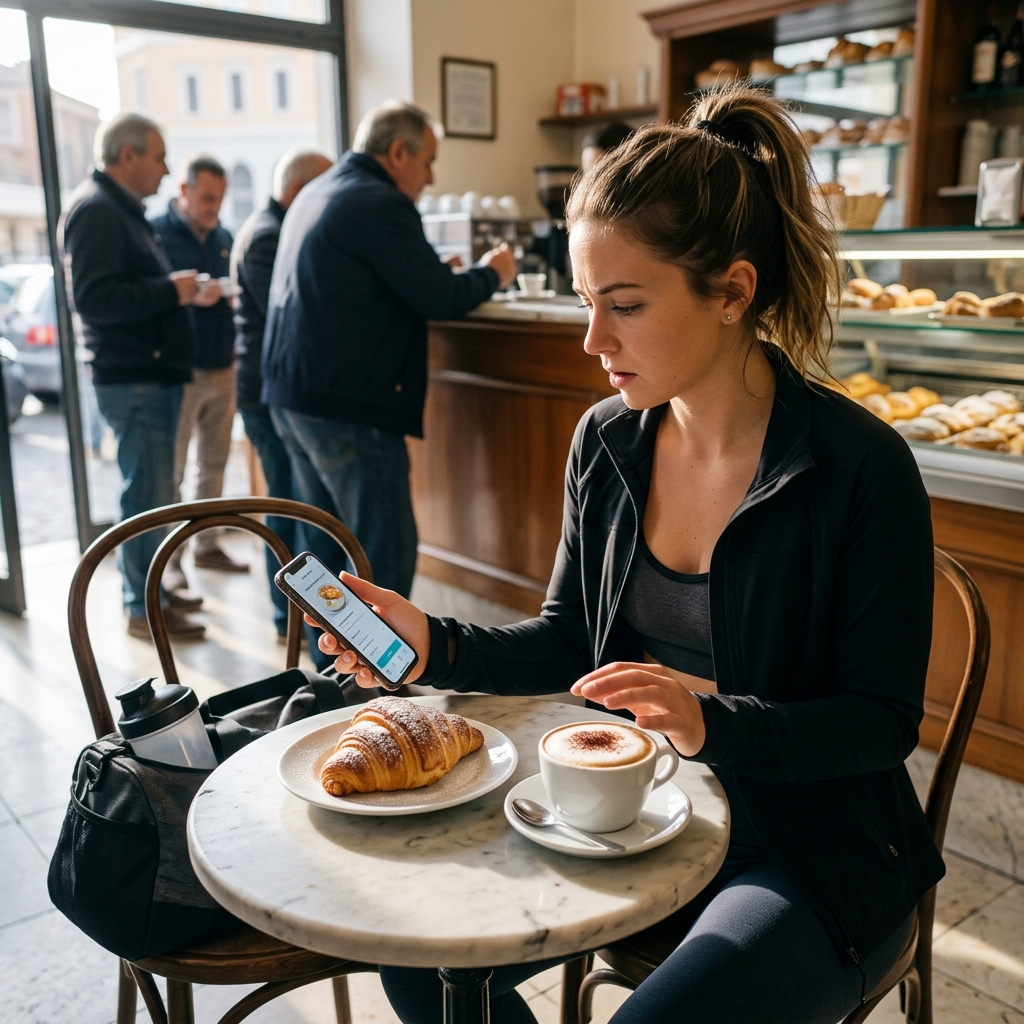 A classic sweet Italian breakfast featuring a fresh flaky cornetto pastry and a hot cappuccino. Fitness-focused expats chasing high-protein morning routines face a sharp awakening. Italian breakfasts are light, sweet, and sugary, usually consisting of a buttery cornetto pastry and a cappuccino (which locals strictly treat as a morning-only beverage).