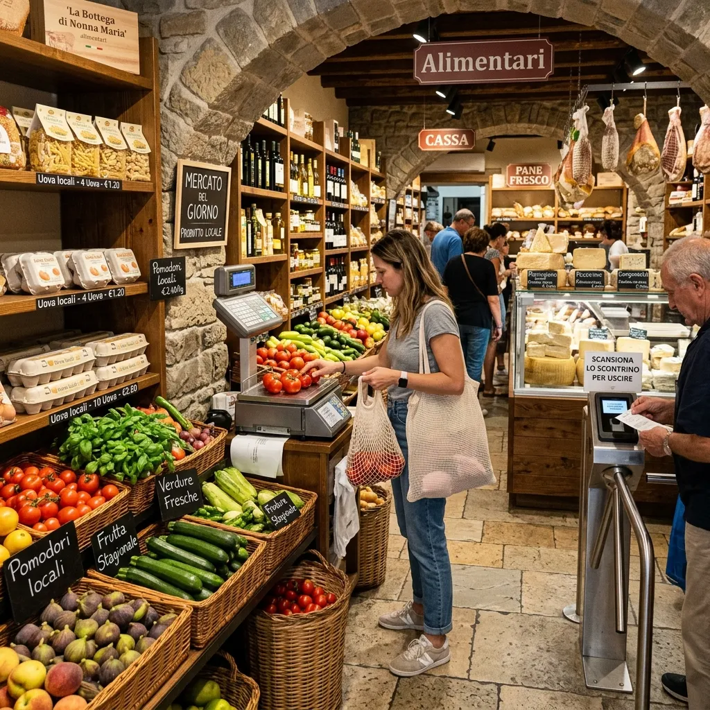 A cozy Italian grocery store showing fresh local produce and unique shopping displays. Shoppers scan receipts to exit, weigh and label their own produce, buy eggs in packs of four or ten, and forget about finding standard Canadian cheddar. Embracing these fresh routines makes everyday food shopping an exciting adventure.