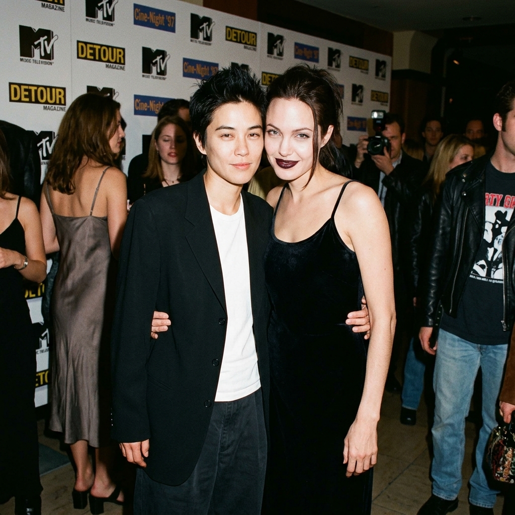 A candid, vintage 1990s photograph of Jenny Shimizu and Angelina Jolie attending an event together, looking edgy and stylish