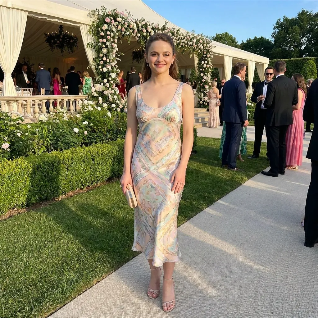 Joey King posing in a chic, youthful designer dress ahead of the celebrity wedding