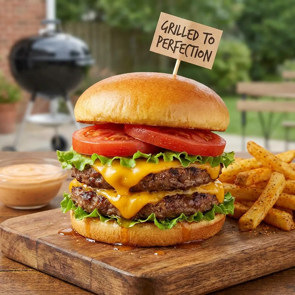 A towering, perfectly cooked, juicy cheeseburger with fresh lettuce and tomato served on a wooden cutting board, the ultimate reward for avoiding the biggest burger grilling mistakes