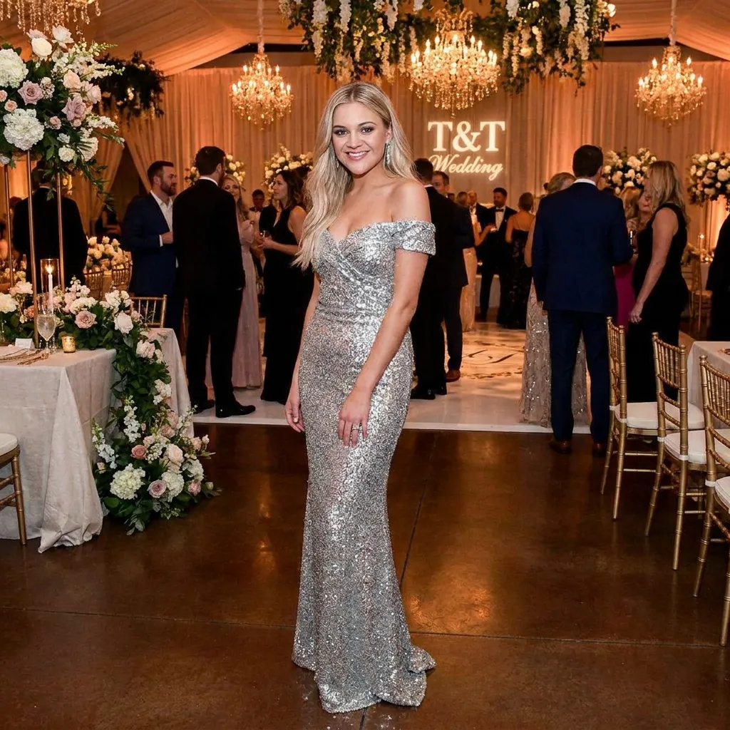 Kelsea Ballerini posing indoors in a stunning formal gown for Taylor Swift's wedding