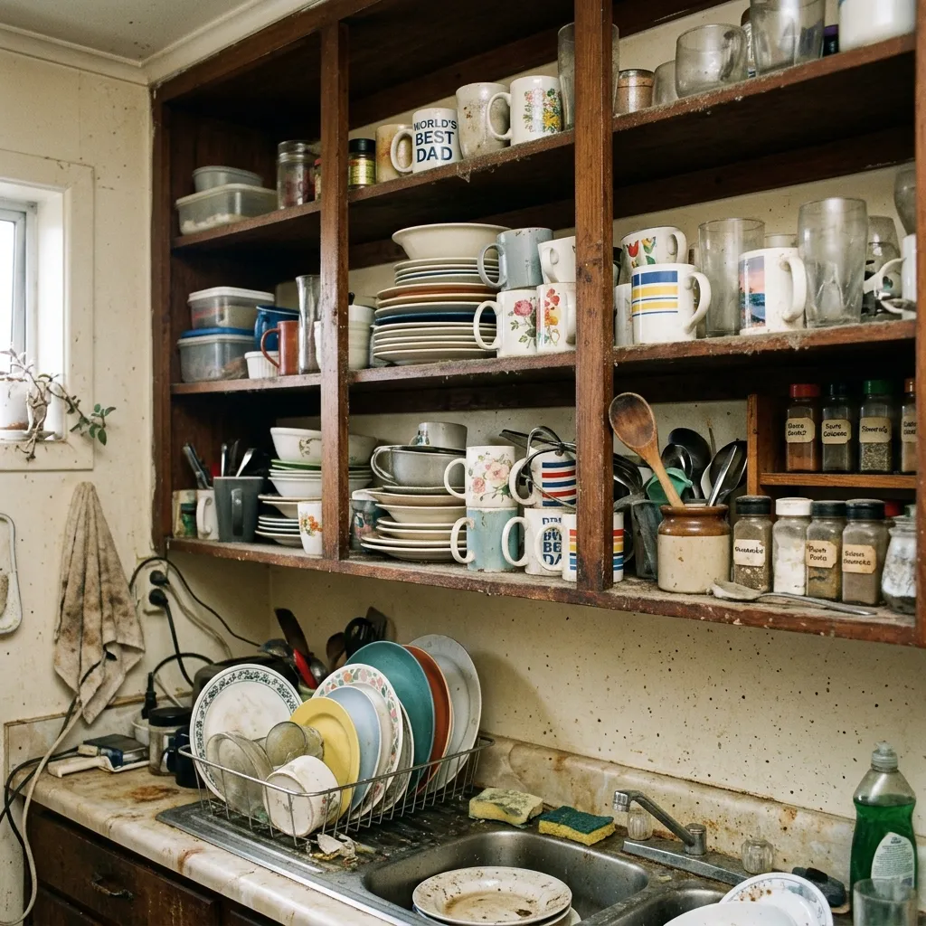 Kitchen with messy open shelving covered in dust and mismatched everyday dishes highlighting impractical design choices