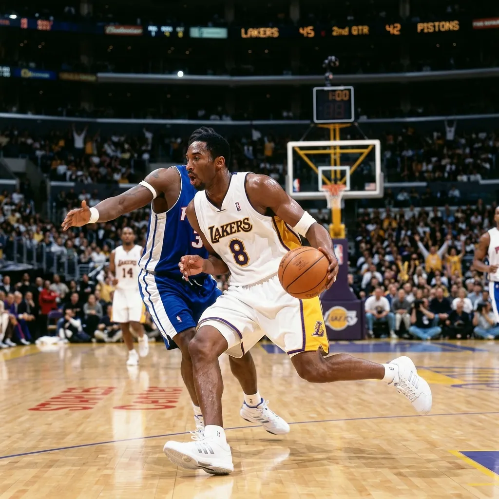 Kobe Bryant in a white uniform driving to the basket during an NBA game.