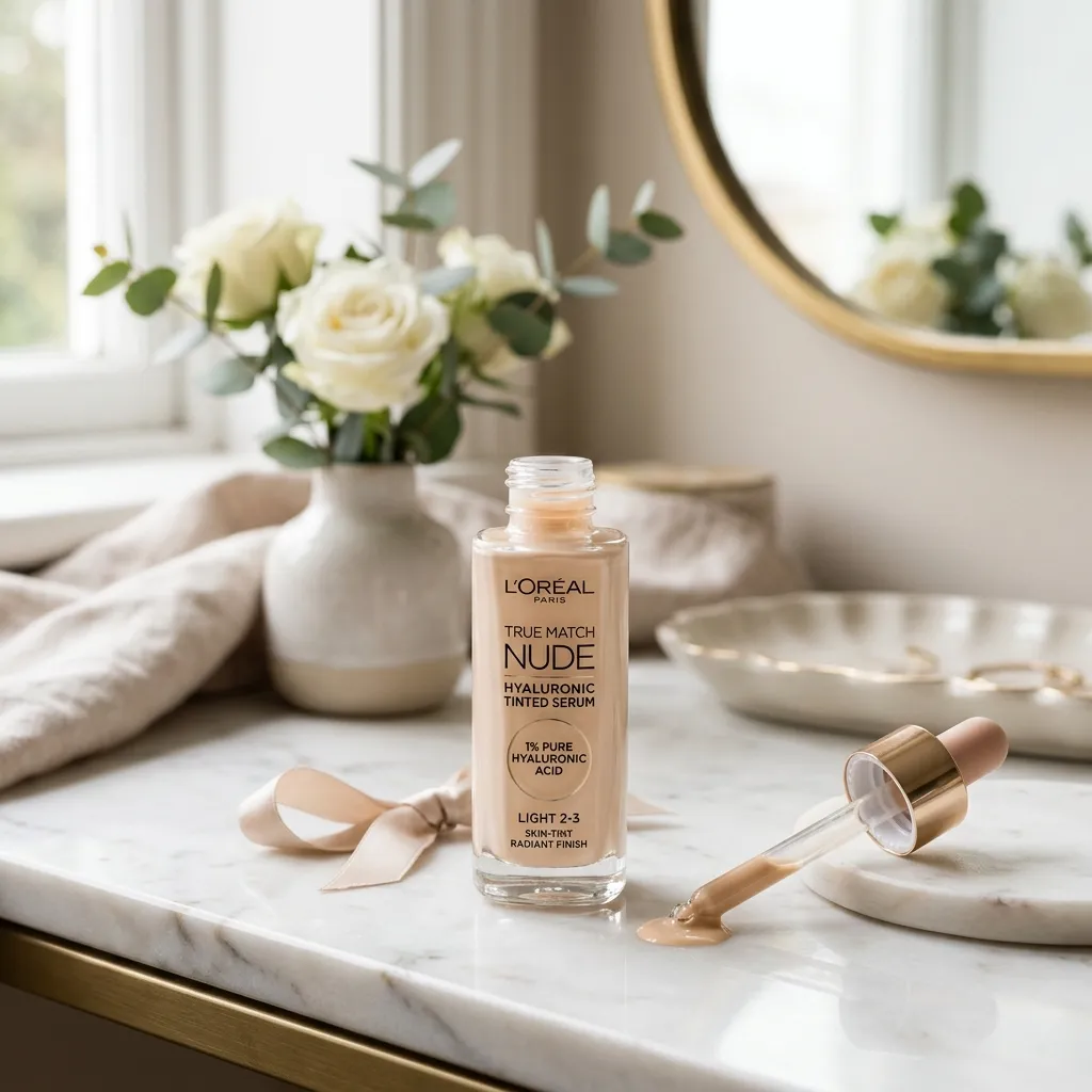 L'Oréal True Match Nude Hyaluronic Tinted Serum foundation bottle displayed elegantly"