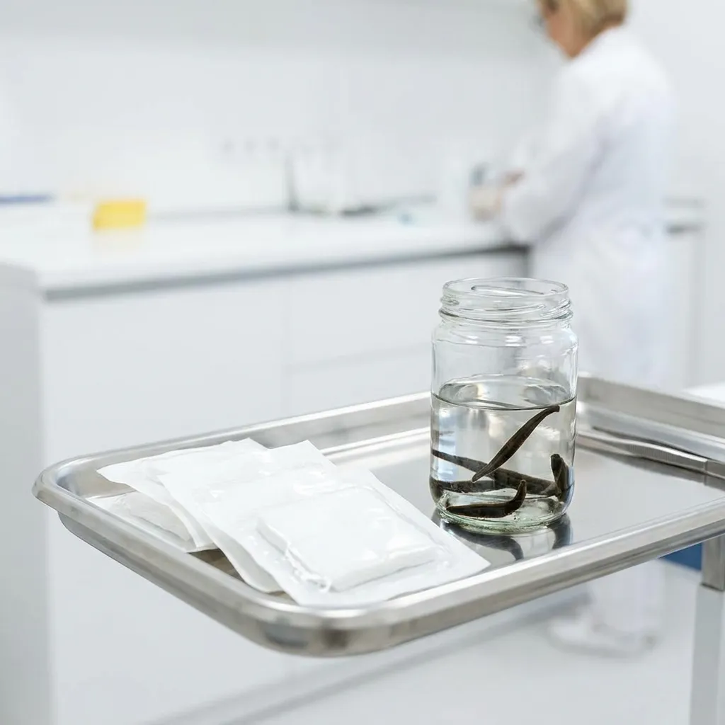 Medicinal leeches prepared in a clean clinical setting for a patient undergoing leech therapy for chronic migraines.