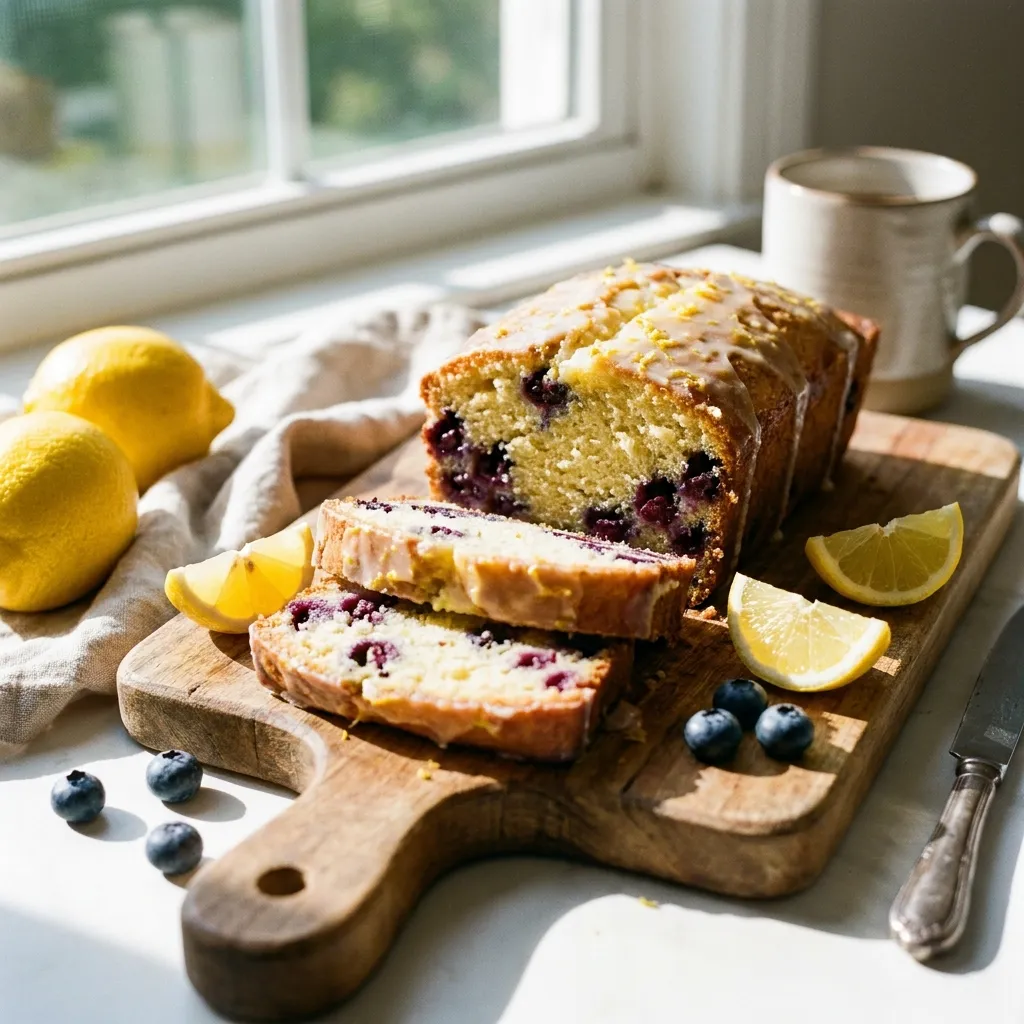 A beautifully styled, brightly lit food photography shot of a sliced lemon-blueberry loaf cake on a rustic wooden cutting board. The cake is moist, dotted with plump, purple-blue berries. Next to the board are a few fresh lemons and scattered blueberries. Natural sunlight streaming through a nearby window.