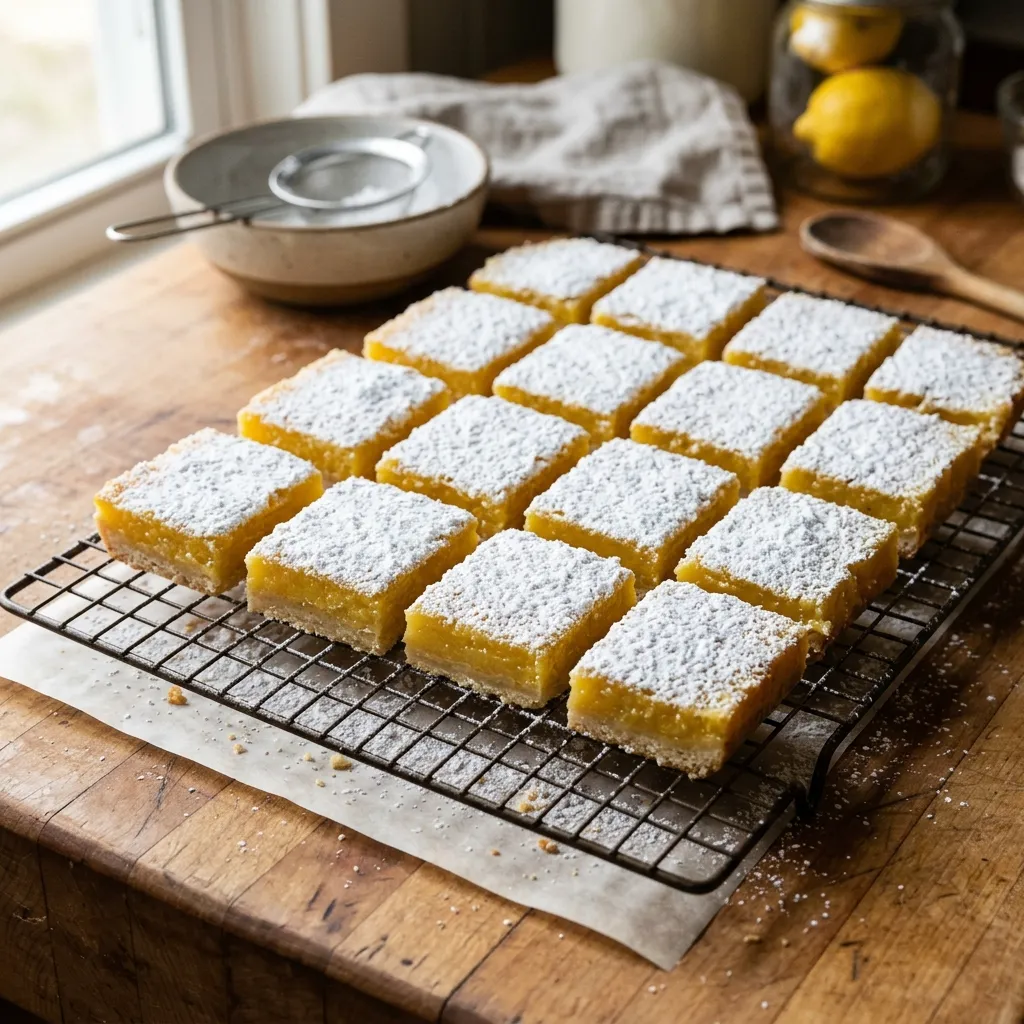 Square lemon bars dusted heavily with powdered sugar sitting on a wire cooling rack.