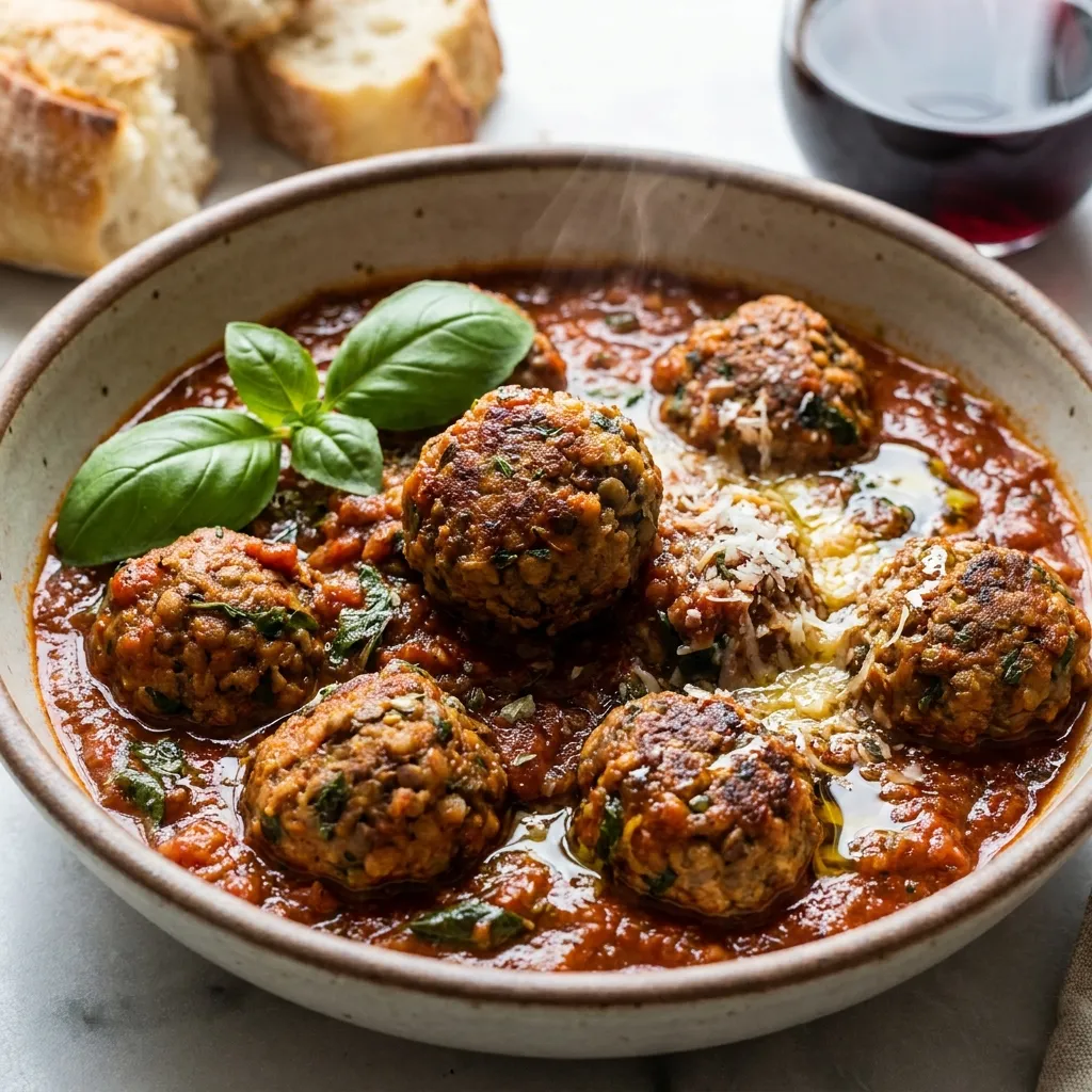 Close up of savory lentil meatballs served in rich marinara sauce