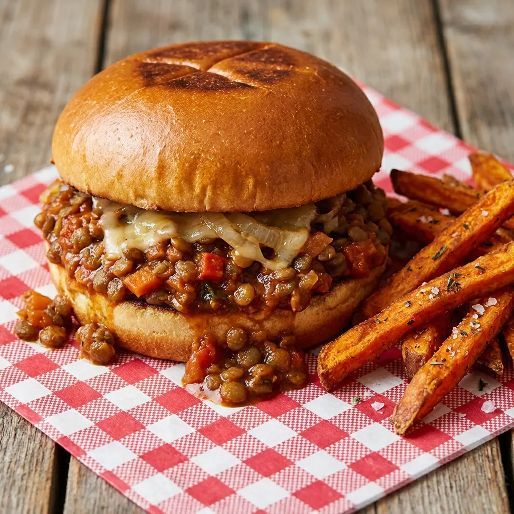Hearty vegan lentil sloppy joes overflowing on a toasted bun