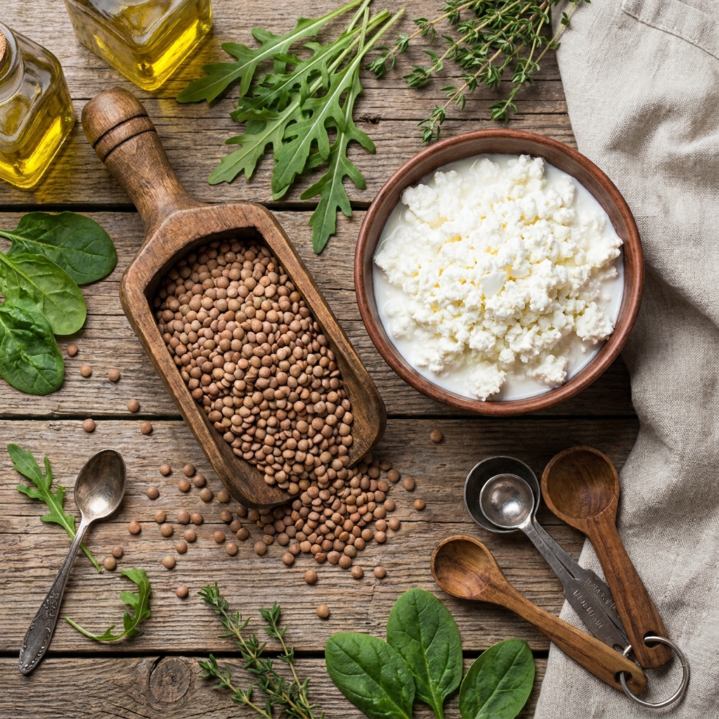 Nutritional breakdown showing the raw ingredients of lentils and cottage cheese for building vegetarian protein