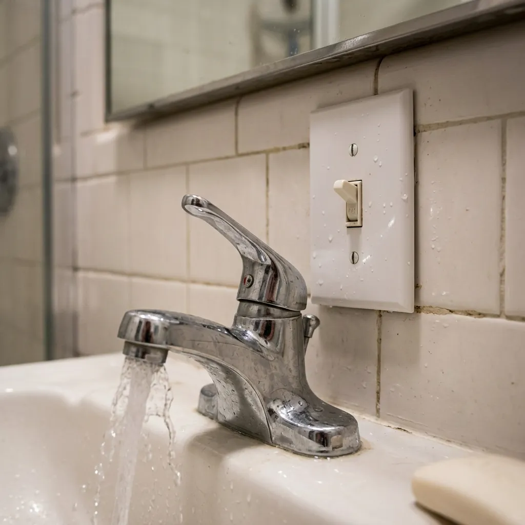 A light switch installed dangerously close to the running water of a sink faucet