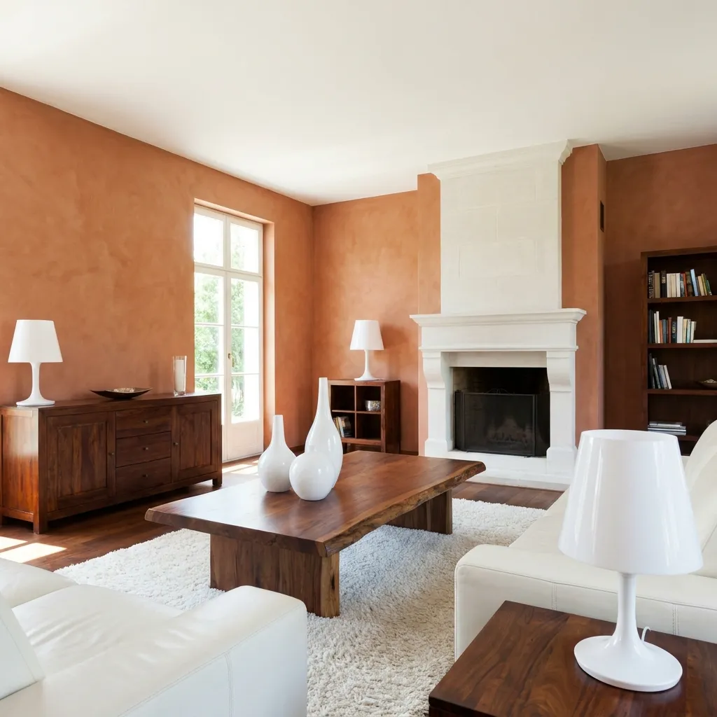 A spacious living room featuring warm, textured limewash walls and rich wood furniture, contrasting with outdated stark white decor.