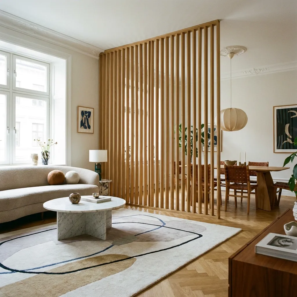 A stylish living space separated from a dining area by an elegant, fluted wood slat room divider.
