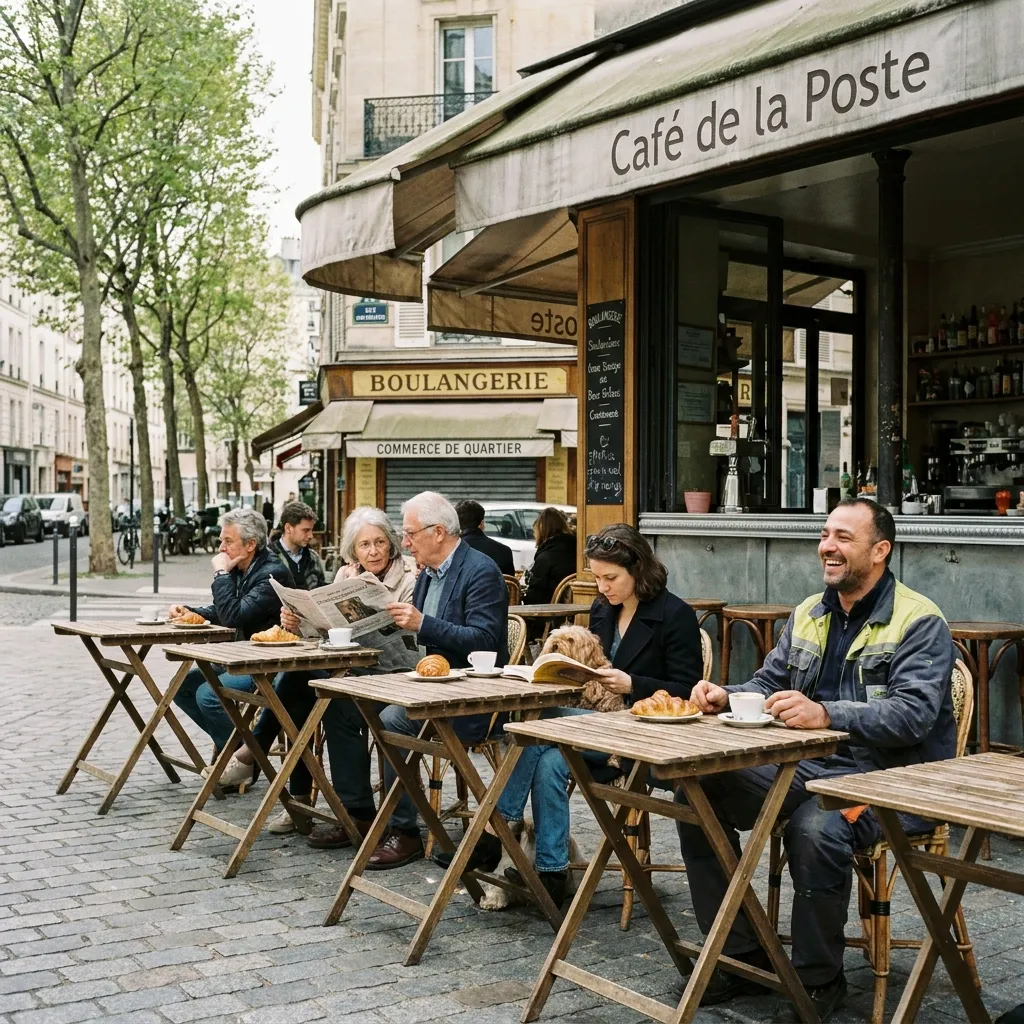 Locals enjoying coffee and fresh croissants at a quiet, authentic outdoor Parisian cafe in the 11th arrondissement