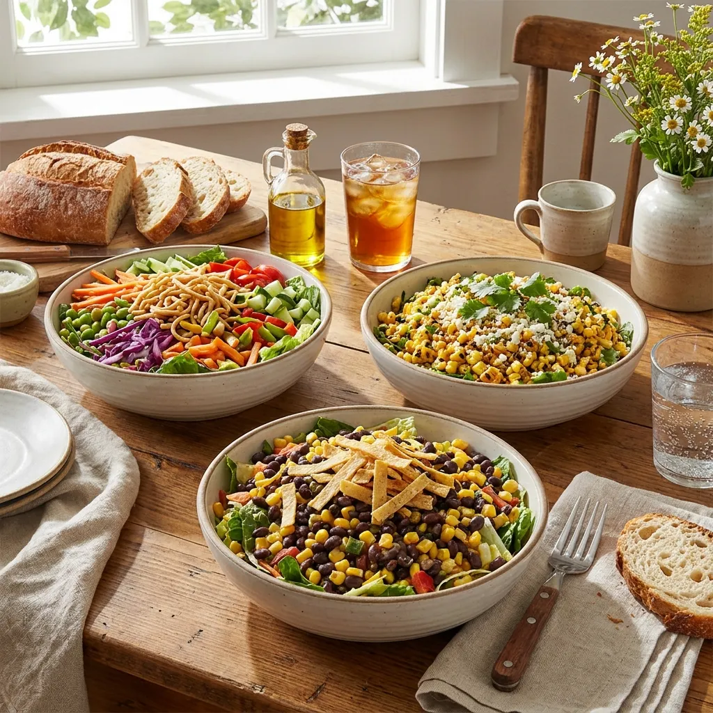 A bright photograph set on a light wood kitchen table for lunch, where the top three ranked salads (Miso Crunch, Elote, Southwestern) are served complete in elegant ceramic bowls with silverware.