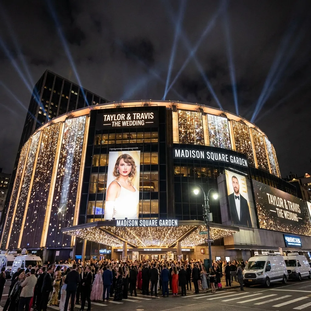 Madison Square Garden lit up at night for the extravagant Taylor Swift and Travis Kelce wedding.