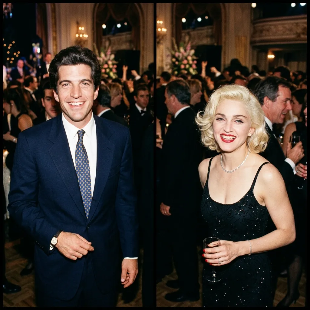 A side-by-side photo of Madonna and JFK Jr. smiling at an event in the 90s