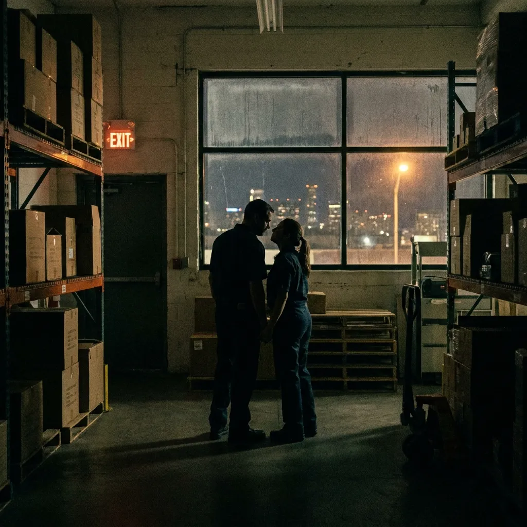 Silhouettes of a man and woman standing close together in a dimly lit stockroom setting after hours