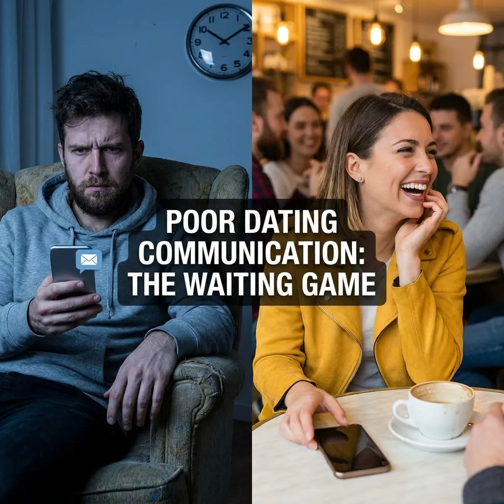 A split screen showing a man staring confused at his phone waiting for a text, highlighting poor dating communication.
