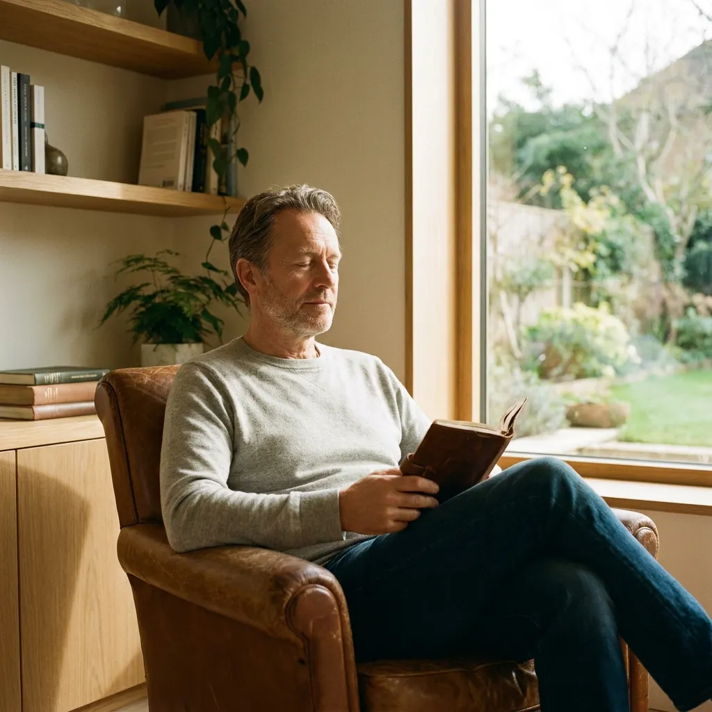 Calm portrait of a man over 50 in peaceful visualization within a sunlit library, illustrating the priority of mental peace and emotional intelligence, core wisdom for men over 50.