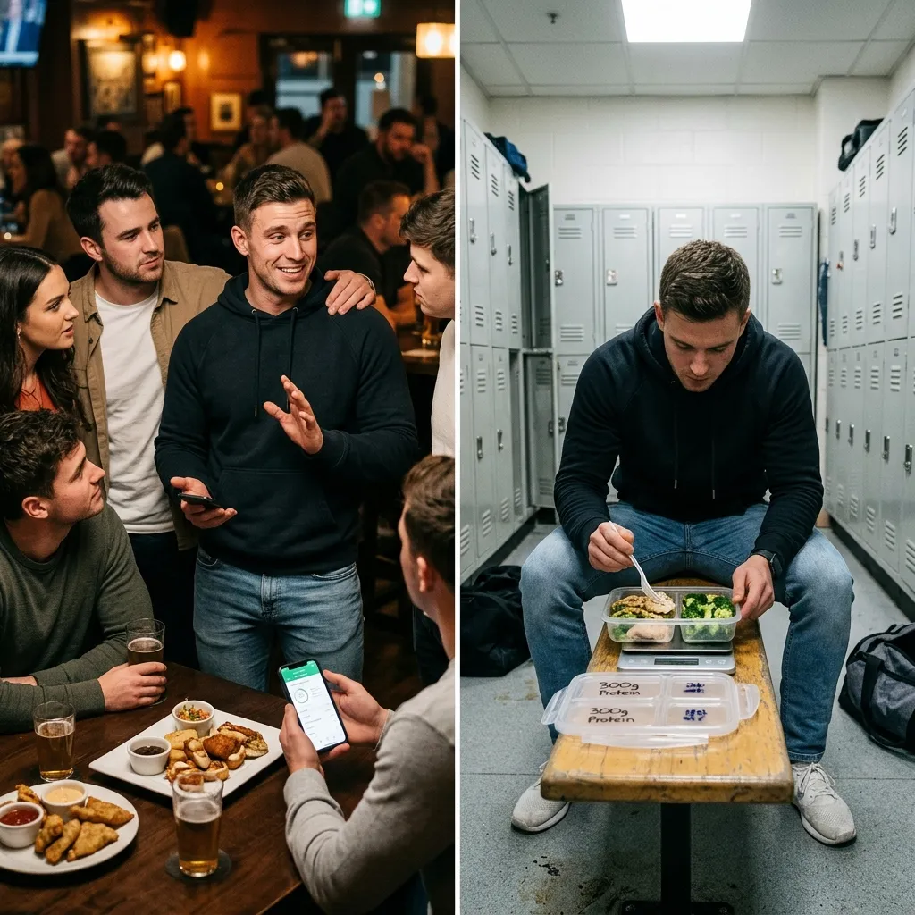 A split-screen image contrasting a man checking a diet-tracking phone app at a pub with friends, and the same man eating a pre-measured Tupperware meal alone in a locker room.