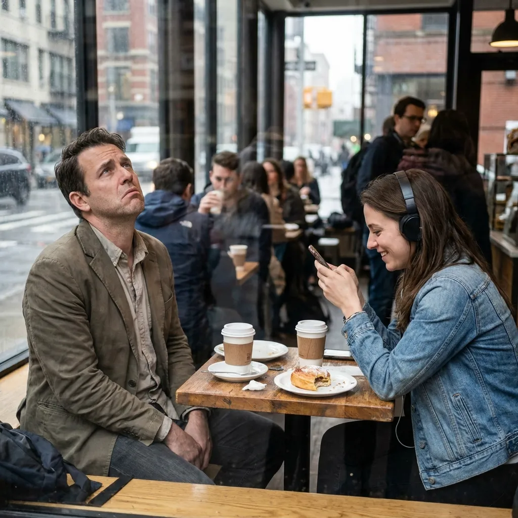 A frustrated man rolling his eyes upward sits at a cafe window table next to a woman who is completely ignoring him while smiling at her smartphone and wearing large black over-ear headphones.