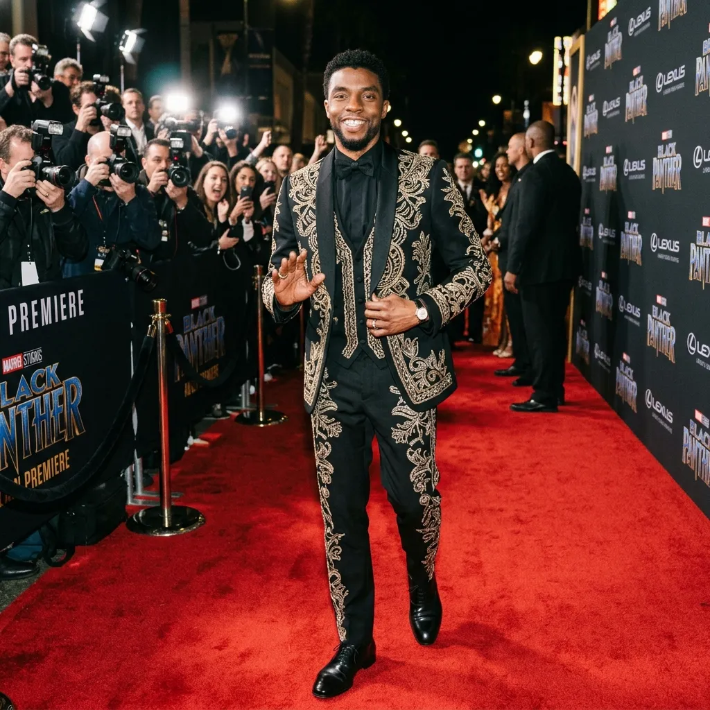 Chadwick Boseman in a stylish embroidered suit on a red carpet