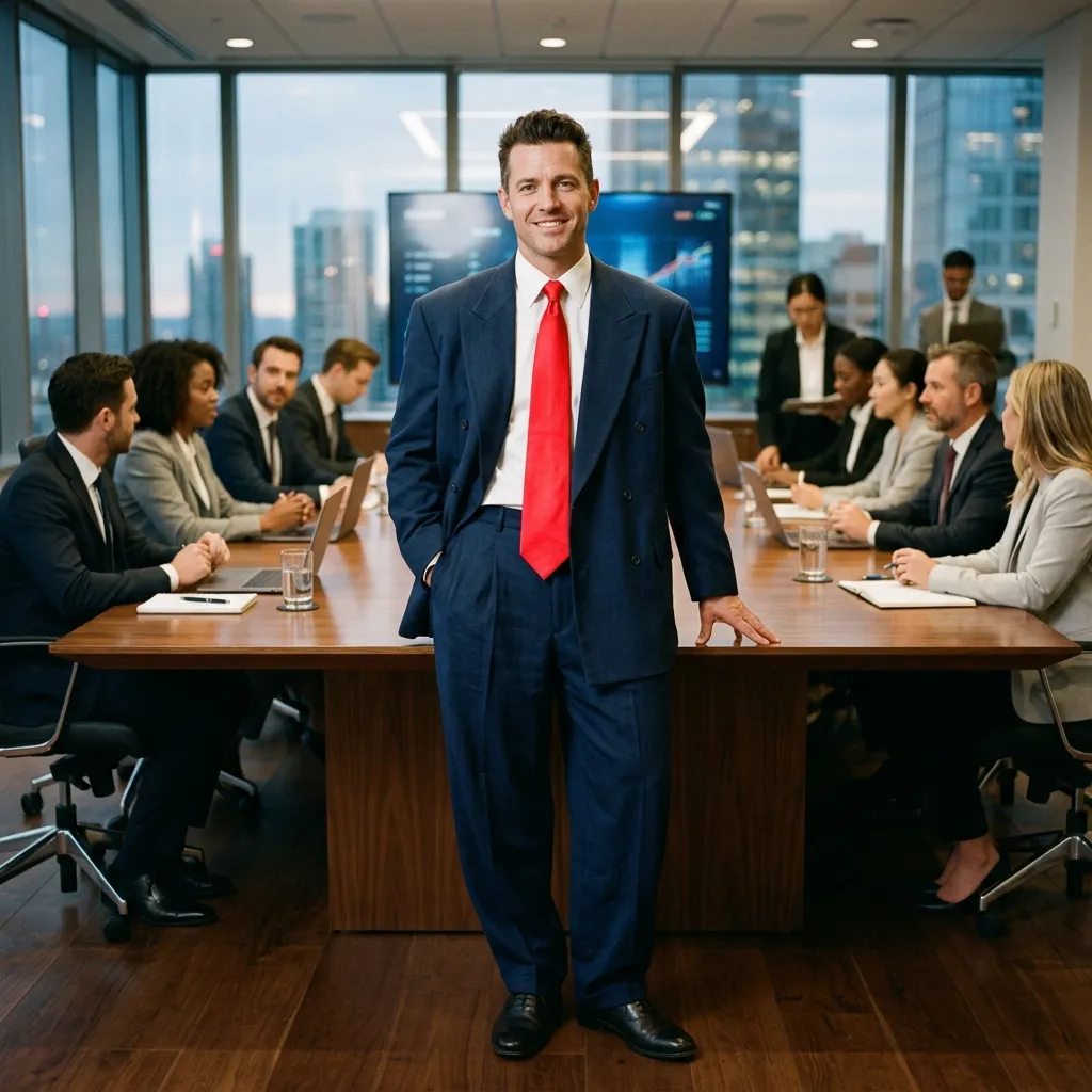 A man in a tailored but distinctly oversized navy-blue suit with a bright red, extra-long tie, standing confidently in a boardroom setting