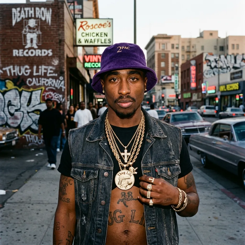 Tupac Shakur in a purple hat and layered necklaces.