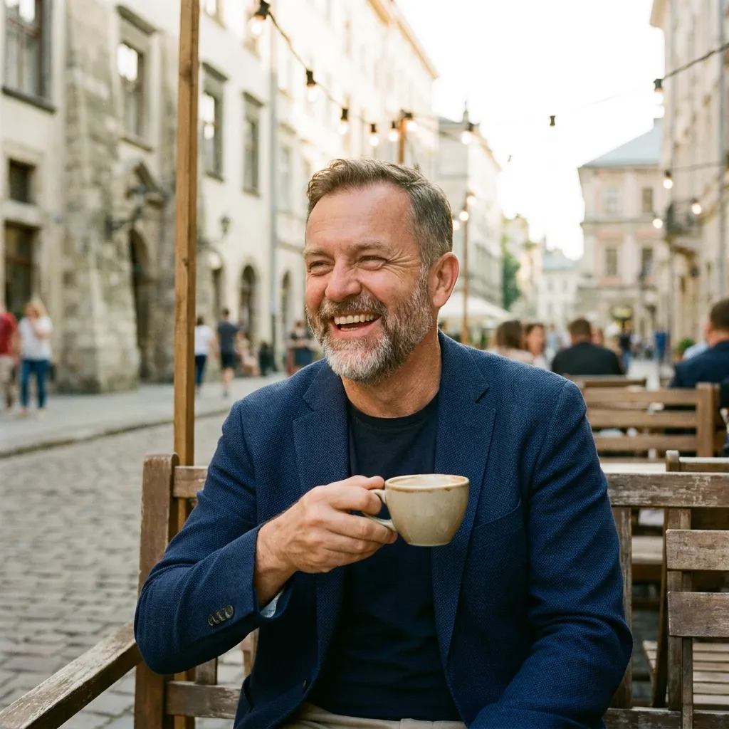 Candid photo of a handsome man in his 50s enjoying coffee on a patio, demonstrating the peace and confidence found in wisdom for men over 50.